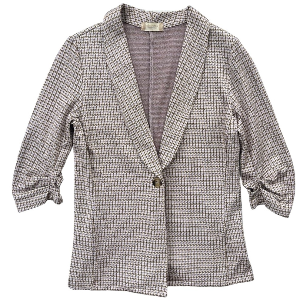 Altar’d State Womens Small Cream Brown Purple Houndstooth 3/4 Sleeve Knit Blazer